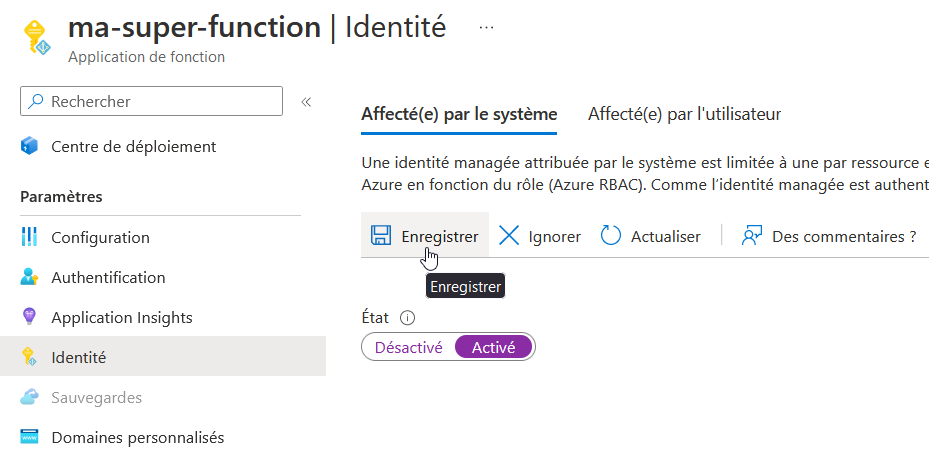 Création de l'identité pour la Function App depuis le portail